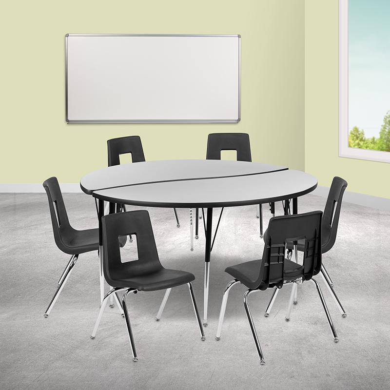 60" Circle Wave Activity Table Set with 18" Student Stack Chairs, Grey/Black. Picture 1