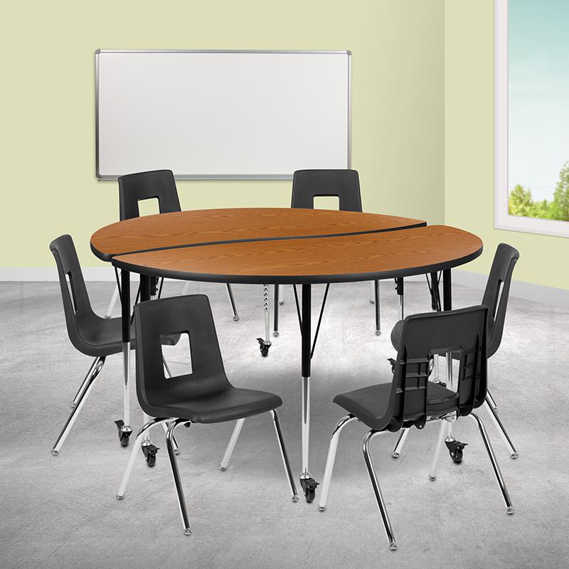 Mobile 60" Table Set with 18" Student Stack Chairs, Oak/Black. Picture 1
