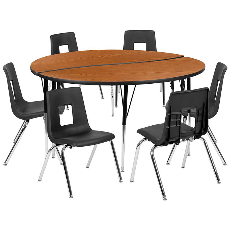 60" Circle Wave Activity Table Set with 18" Student Stack Chairs, Oak/Black. Picture 2