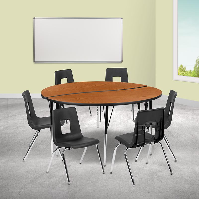 60" Circle Wave Activity Table Set with 18" Student Stack Chairs, Oak/Black. Picture 1