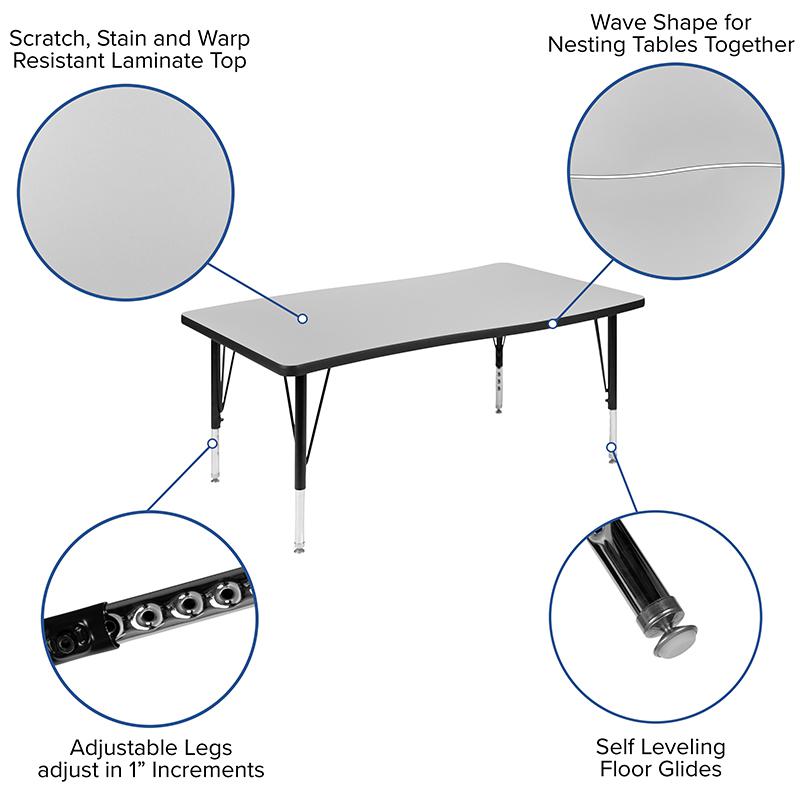 2 Piece 76" Wave Grey Thermal Activity Table Set - Height Adjustable Short Legs. Picture 5