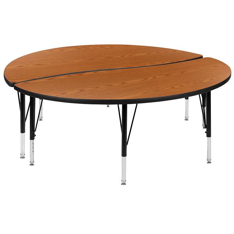 2 Piece 60" Circle Wave Collaborative Oak Thermal Laminate Activity Table Set - Height Adjustable Short Legs. Picture 2