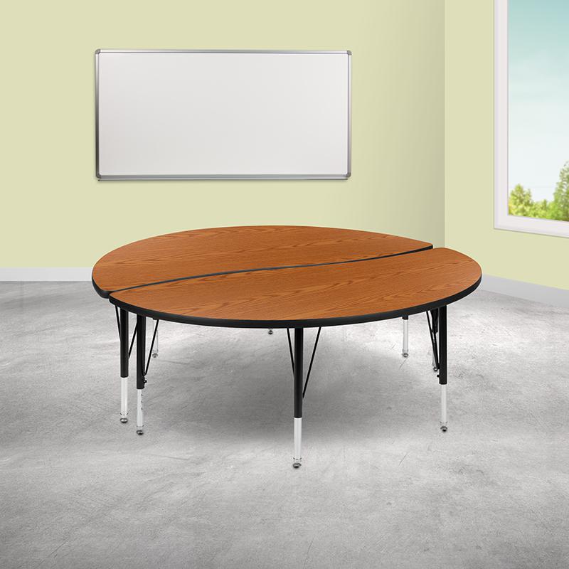 2 Piece 60" Circle Wave Collaborative Oak Thermal Laminate Activity Table Set - Height Adjustable Short Legs. Picture 1
