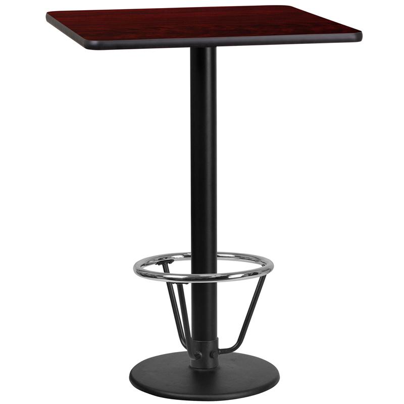 24'' Square Mahogany Laminate Table Top with 18'' Round Bar Height Table Base and Foot Ring. Picture 1