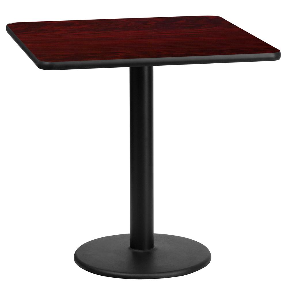 24'' Square Mahogany Laminate Table Top with 18'' Round Table Height Base. Picture 1
