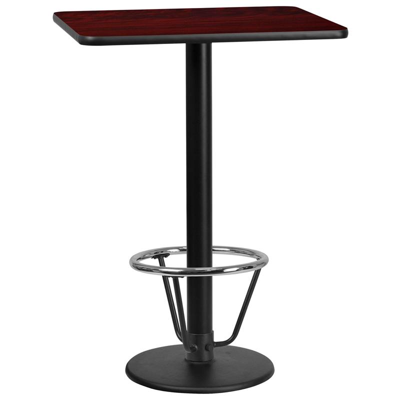 24'' x 30'' Rectangular Mahogany Laminate Table Top with 18'' Round Bar Height Table Base and Foot Ring. Picture 1