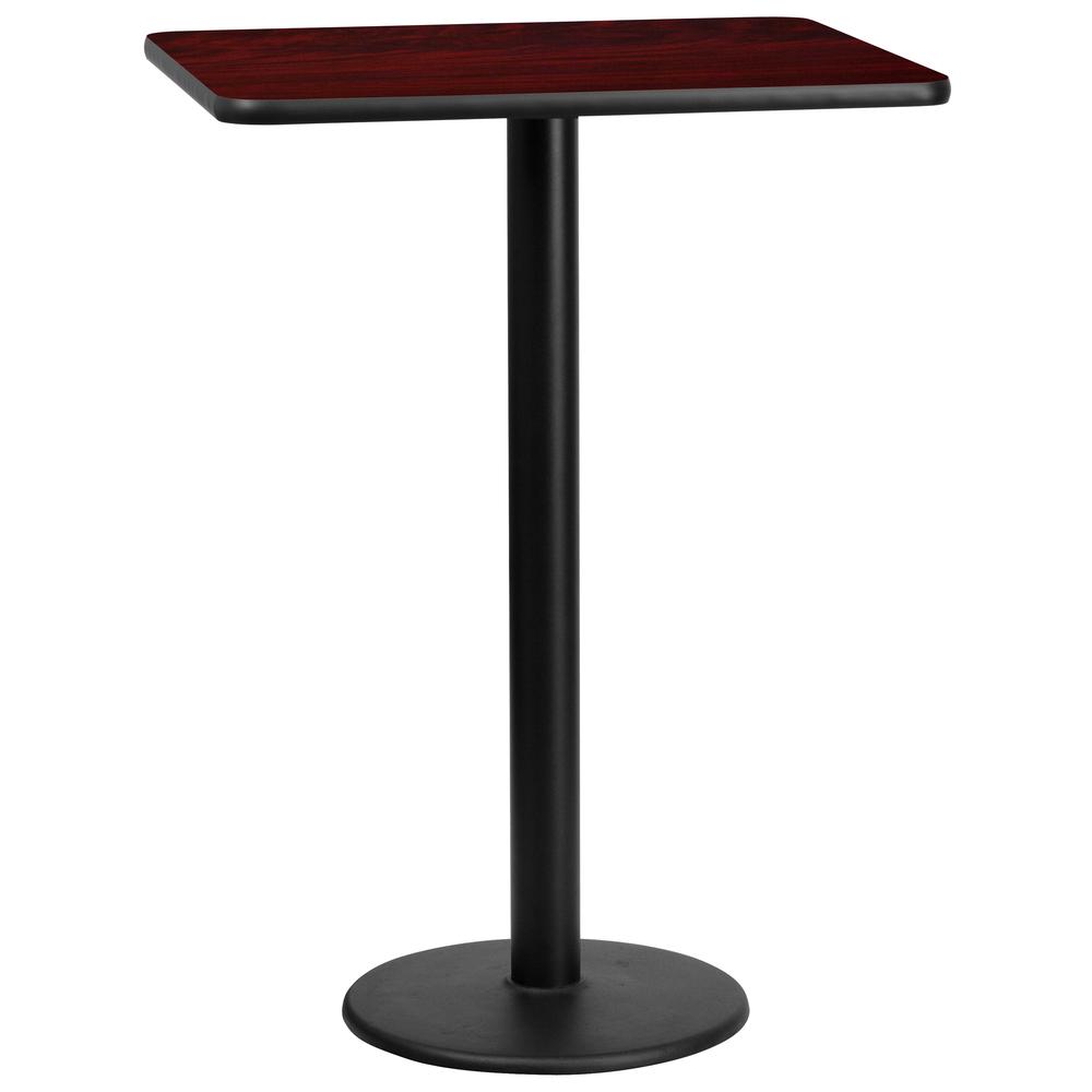 24'' x 30'' Rectangular Mahogany Laminate Table Top with 18'' Round Bar Height Table Base. Picture 1