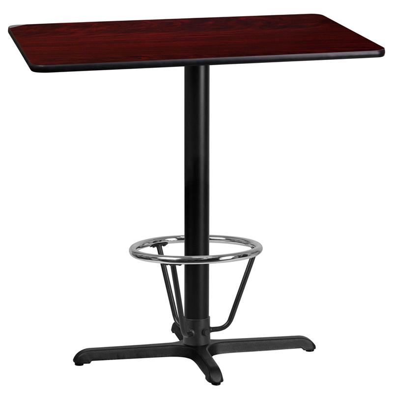 24'' x 42'' Rectangular Mahogany Laminate Table Top with 23.5'' x 29.5'' Bar Height Table Base and Foot Ring. Picture 1