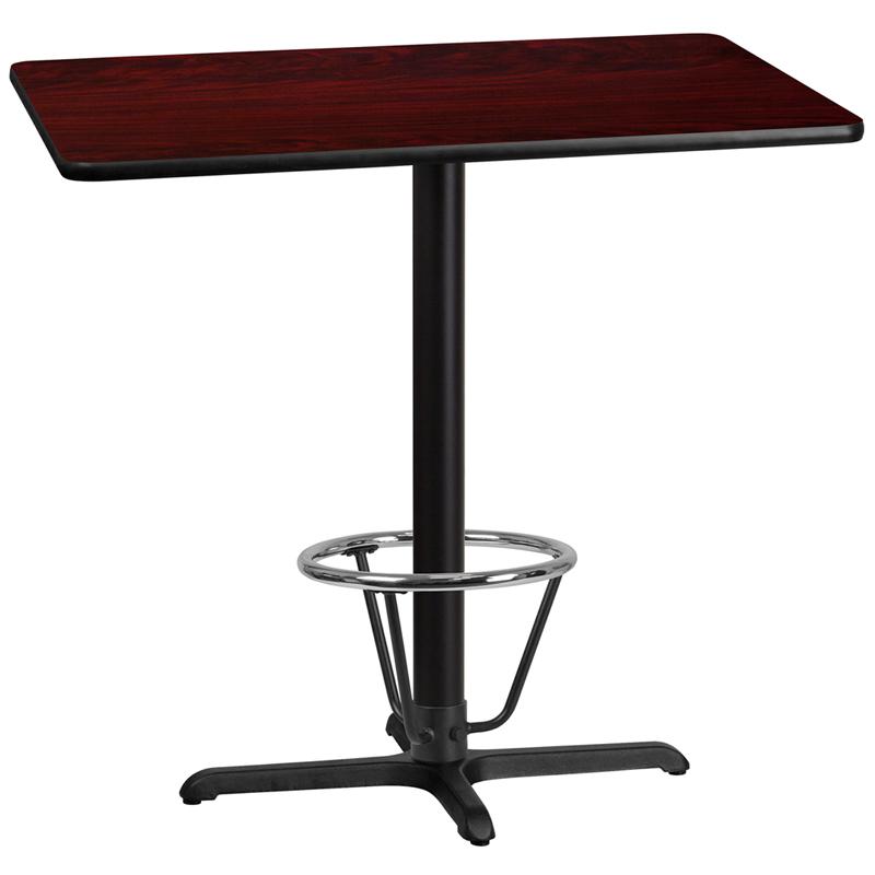 30'' x 42'' Rectangular Mahogany Laminate Table Top with 23.5'' x 29.5'' Bar Height Table Base and Foot Ring. Picture 1