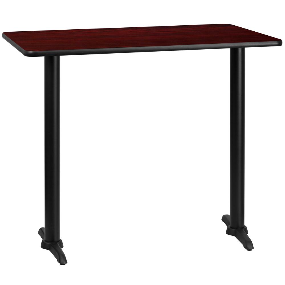 30'' x 48'' Rectangular Mahogany Laminate Table Top with 5'' x 22'' Bar Height Table Bases. Picture 1