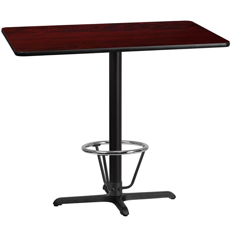 30'' x 48'' Rectangular Mahogany Laminate Table Top with 23.5'' x 29.5'' Bar Height Table Base and Foot Ring. Picture 1
