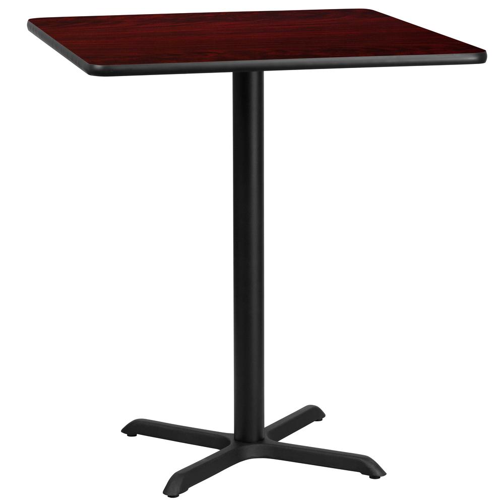 36'' Square Mahogany Laminate Table Top with 30'' x 30'' Bar Height Table Base. Picture 1