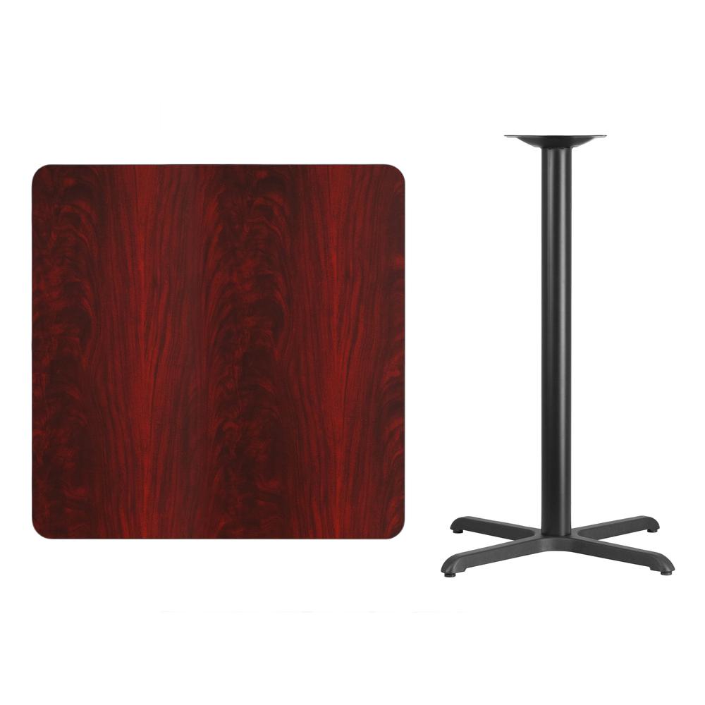 36'' Square Mahogany Laminate Table Top with 30'' x 30'' Bar Height Table Base. Picture 2