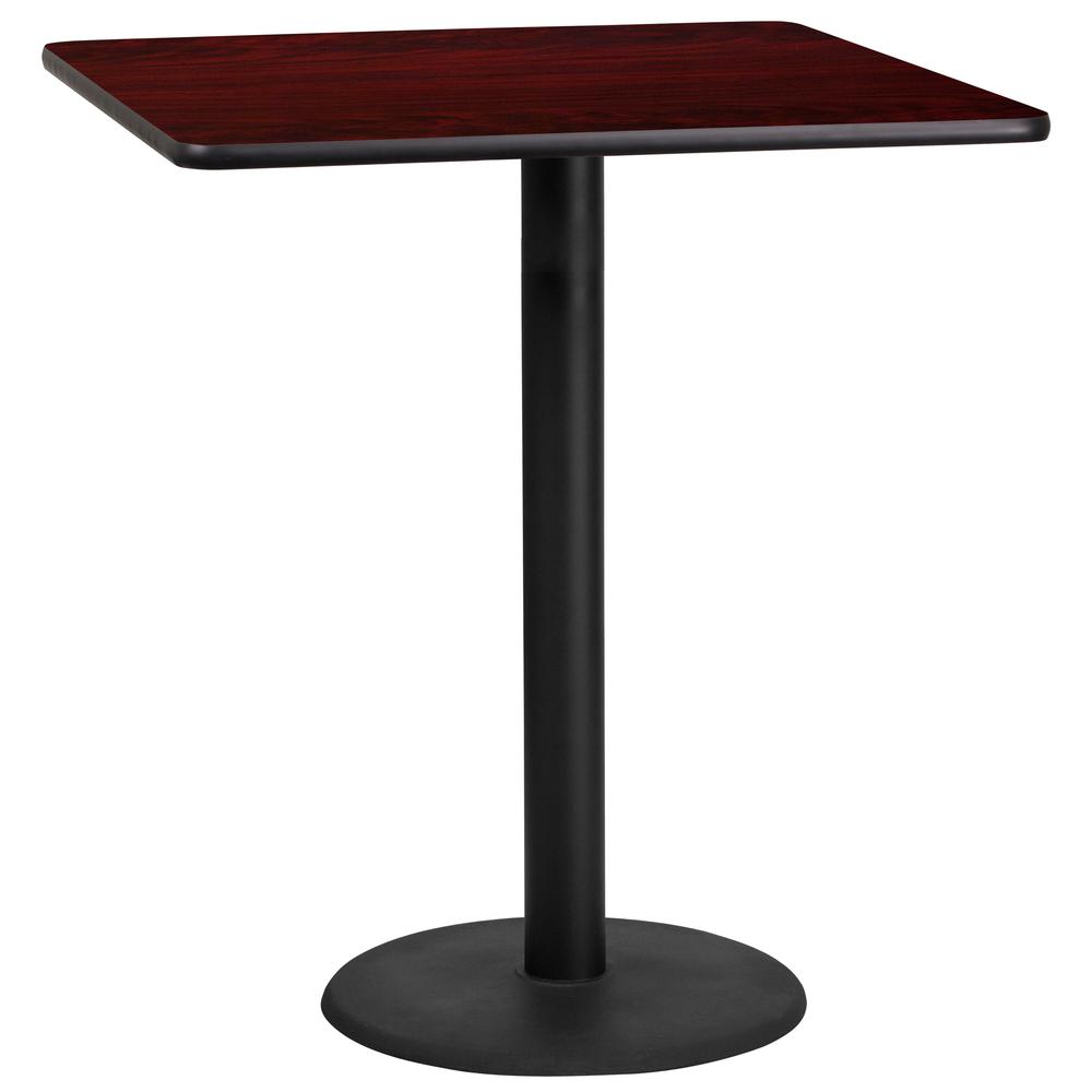 36'' Square Mahogany Laminate Table Top with 24'' Round Bar Height Table Base. Picture 1