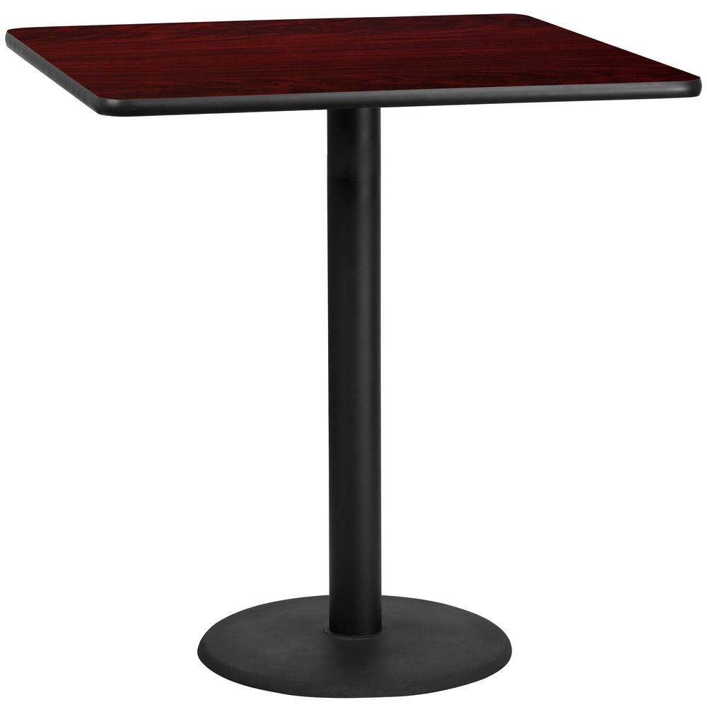 42'' Square Mahogany Laminate Table Top with 24'' Round Bar Height Table Base. Picture 1