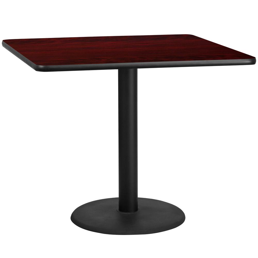 42'' Square Mahogany Laminate Table Top with 24'' Round Table Height Base. Picture 1