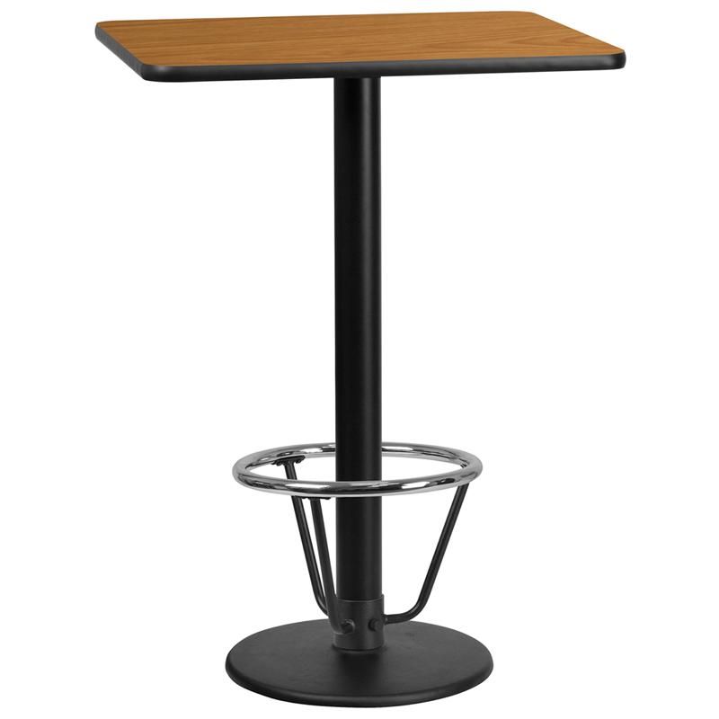 24'' x 30'' Rectangular Natural Laminate Table Top with 18'' Round Bar Height Table Base and Foot Ring. Picture 1