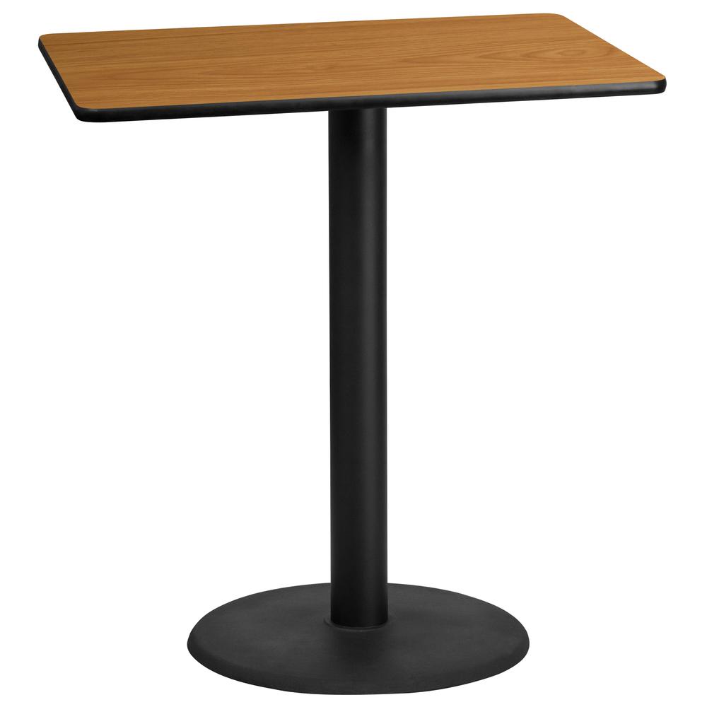 30'' x 42'' Rectangular Natural Table Top with 24'' Round Bar Height Table Base. The main picture.