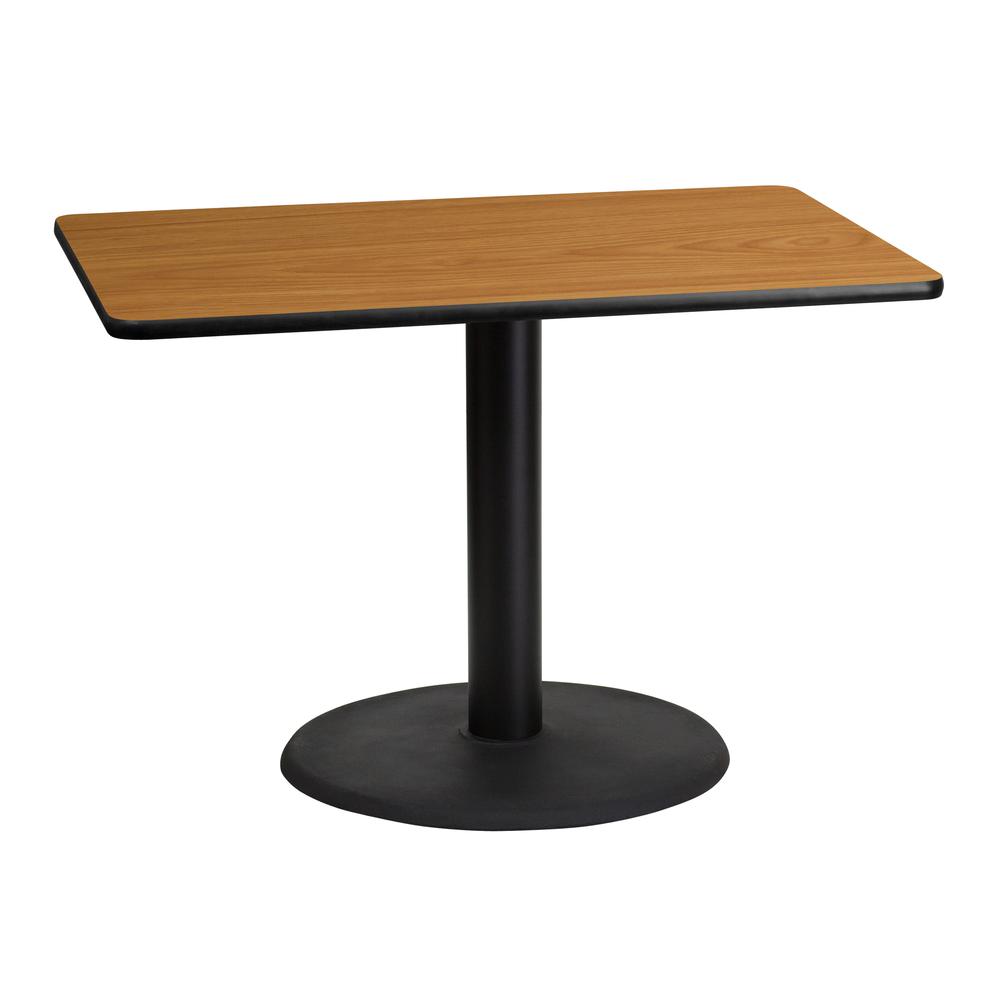30'' x 42'' Rectangular Natural Table Top with 24'' Round Table Height Base. The main picture.