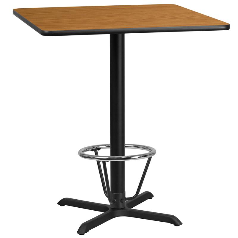 36'' Square Natural Laminate Table Top with 30'' x 30'' Bar Height Table Base and Foot Ring. Picture 1