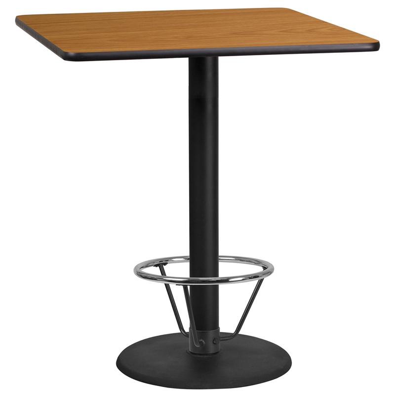 36'' Square Natural Table Top - 24'' Round Bar Height Table Base and Foot Ring. Picture 1