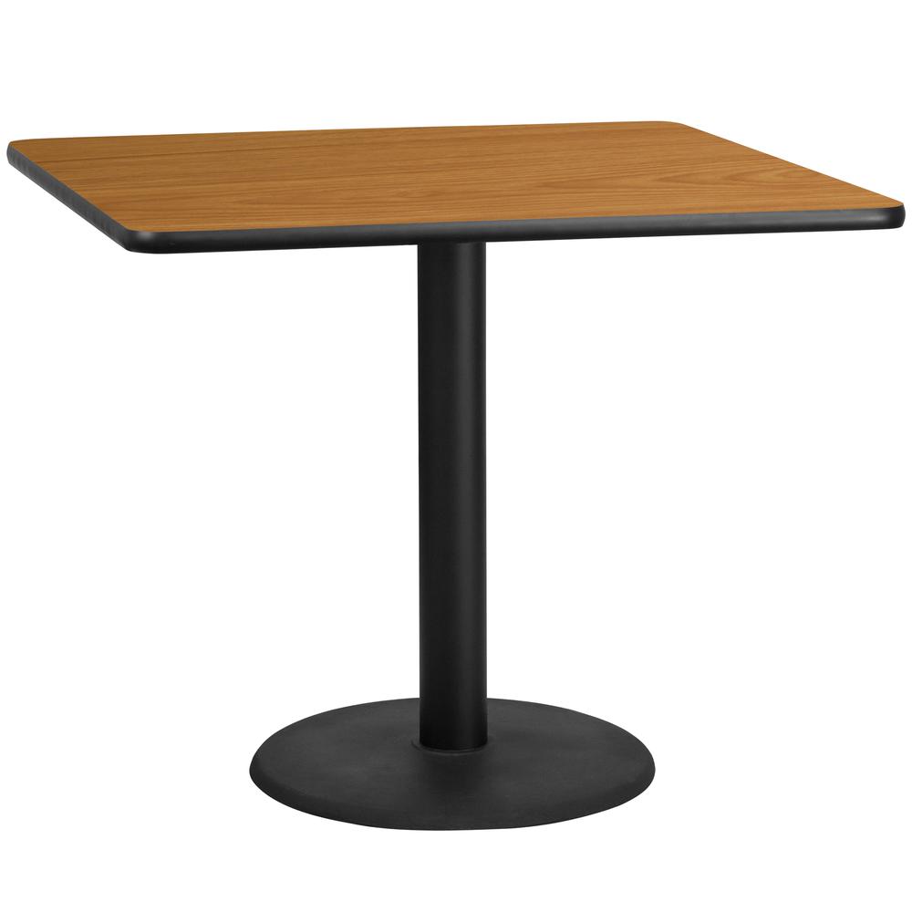 42'' Square Natural Laminate Table Top with 24'' Round Table Height Base. Picture 1
