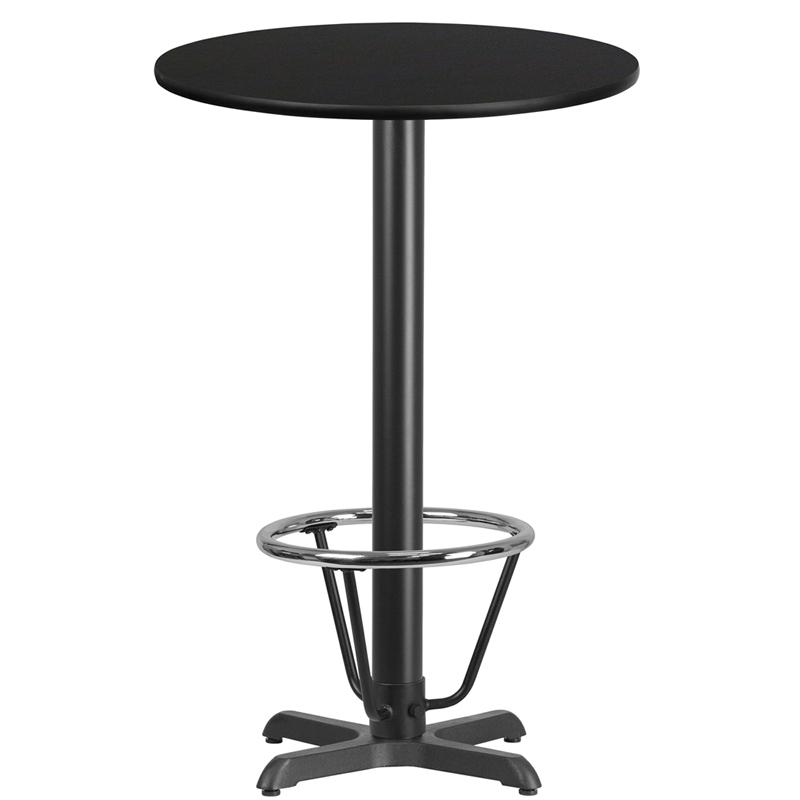 24'' Round Black Laminate Table Top with 22'' x 22'' Bar Height Table Base and Foot Ring. The main picture.