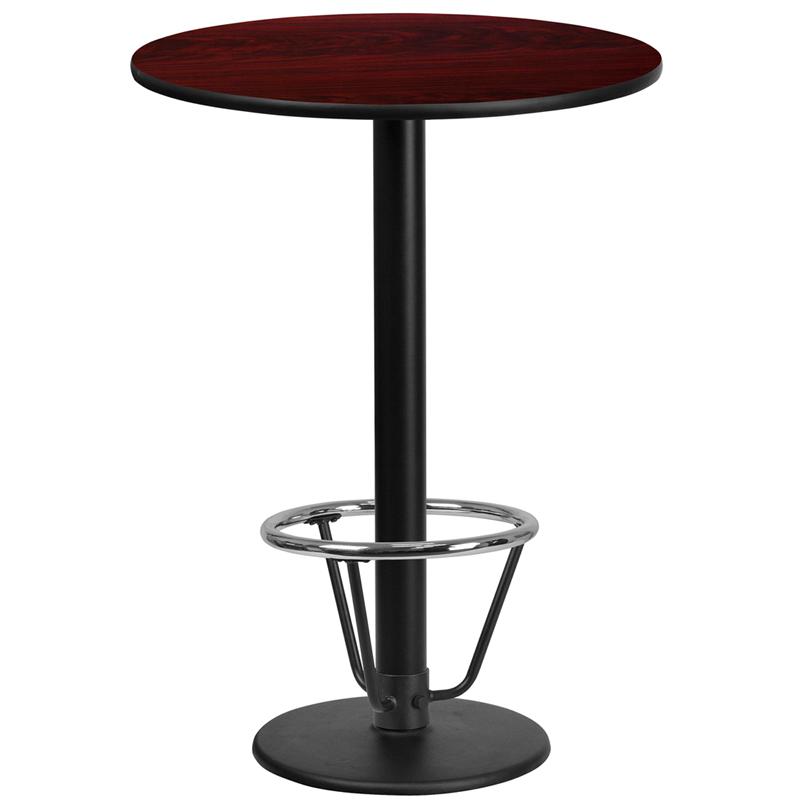 24'' Round Mahogany Laminate Table Top with 18'' Round Bar Height Table Base and Foot Ring. Picture 1