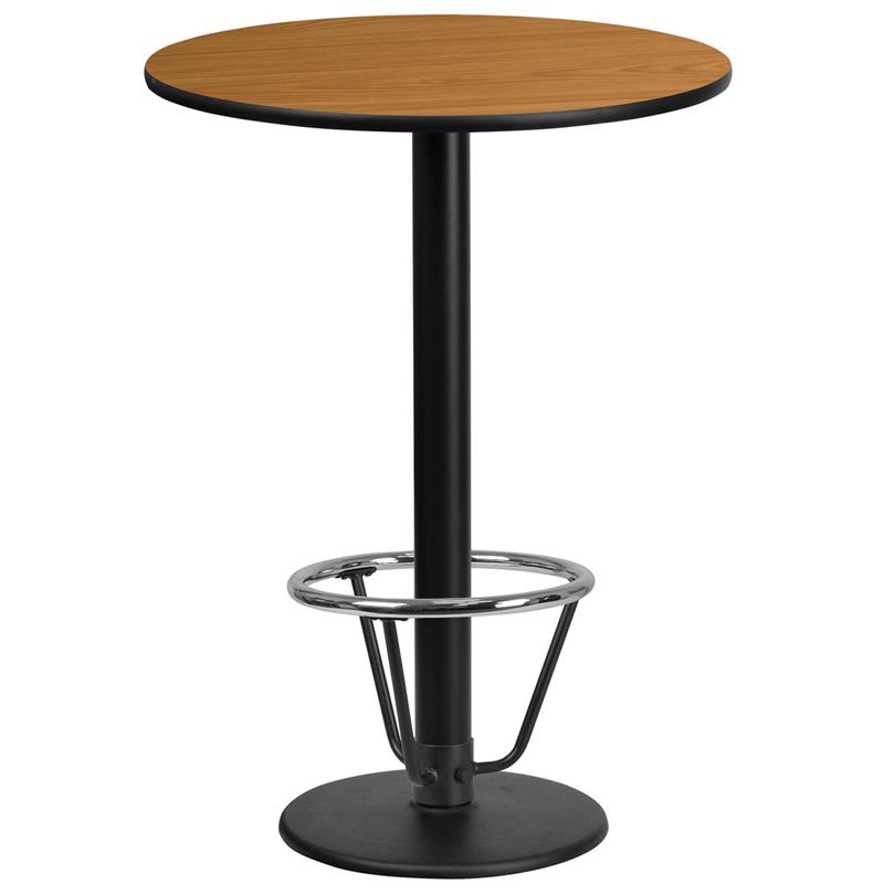 24'' Round Natural Laminate Table Top with 18'' Round Bar Height Table Base and Foot Ring. Picture 1