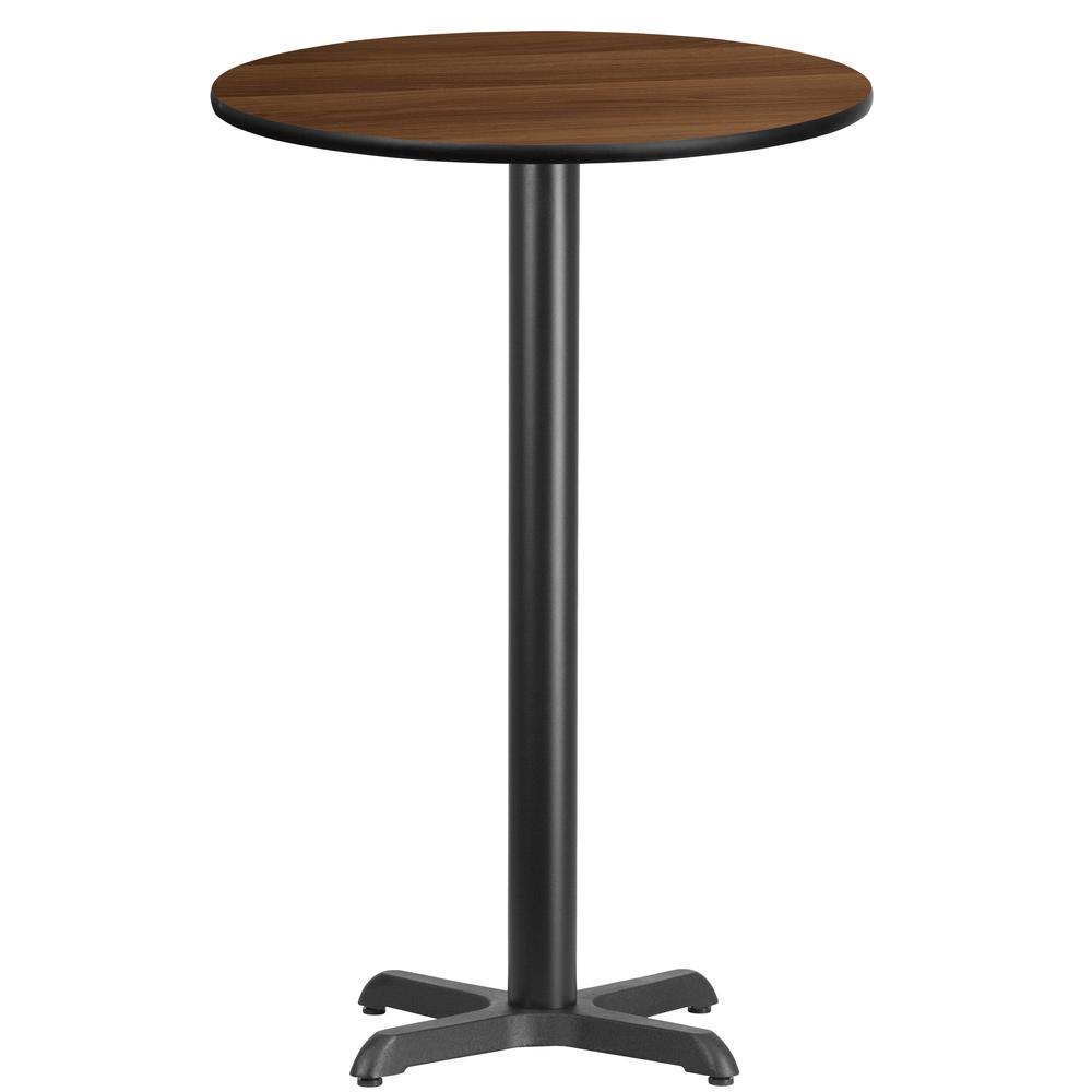 24'' Round Walnut Laminate Table Top with 22'' x 22'' Bar Height Table Base. Picture 1