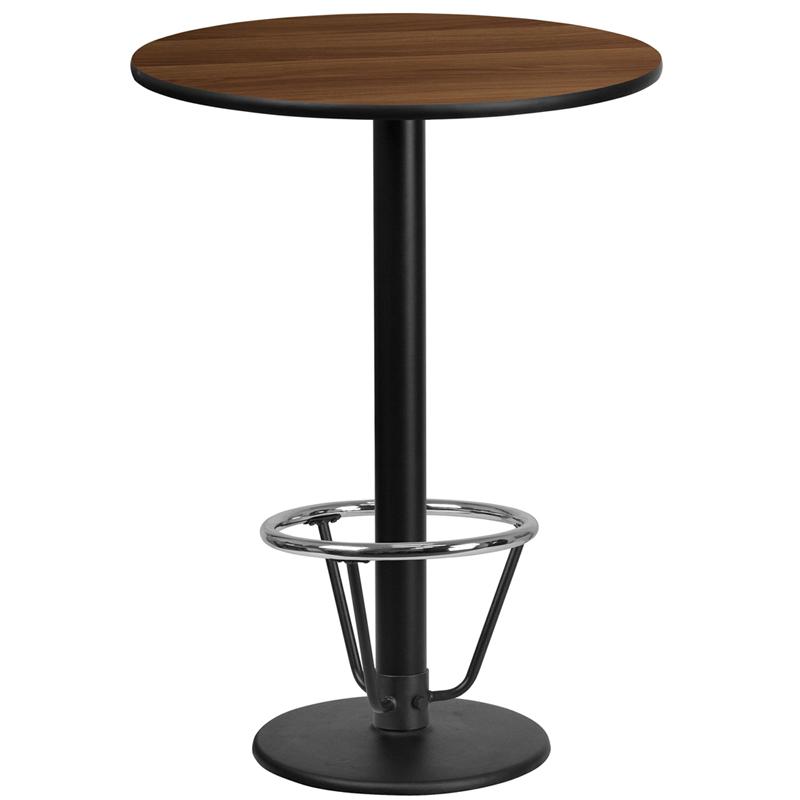 24'' Round Walnut Table Top with 18'' Round Bar Height Table Base and Foot Ring. Picture 1