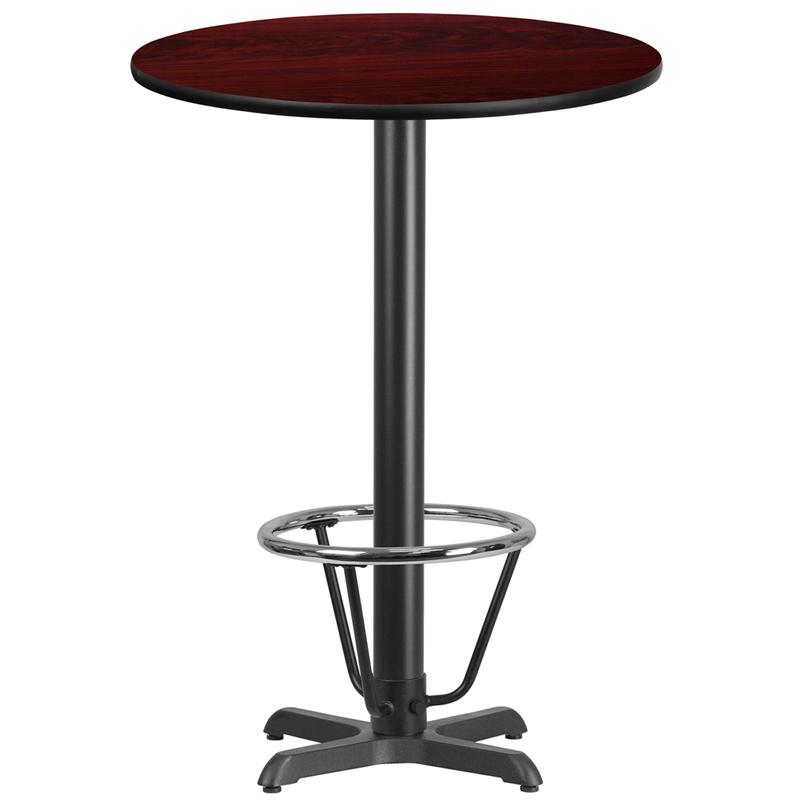 30'' Round Mahogany Laminate Table Top with 22'' x 22'' Bar Height Table Base and Foot Ring. Picture 1