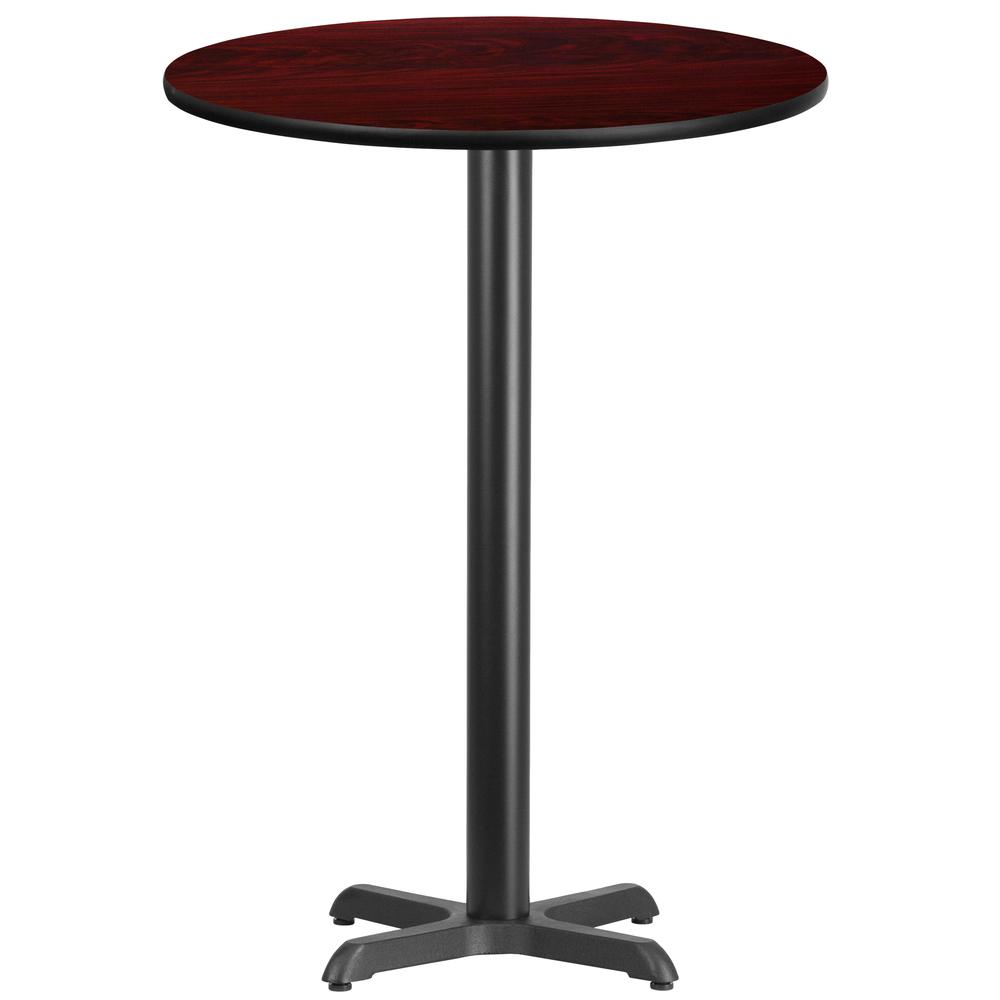 30'' Round Mahogany Laminate Table Top with 22'' x 22'' Bar Height Table Base. The main picture.