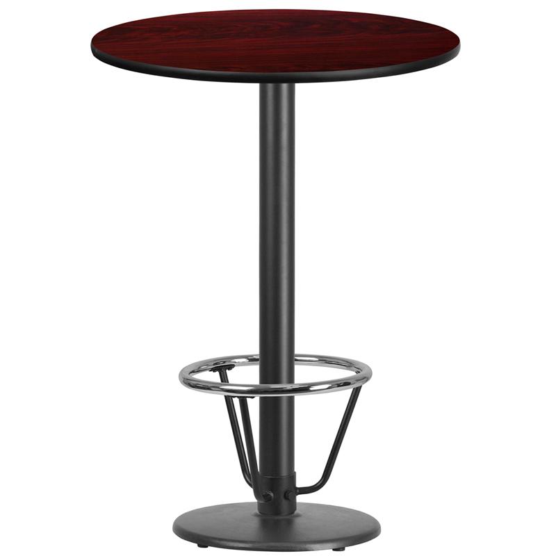 30'' Round Mahogany Laminate Table Top with 18'' Round Bar Height Table Base and Foot Ring. Picture 1