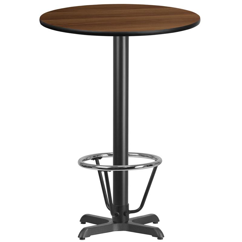 30'' Round Walnut Laminate Table Top with 22'' x 22'' Bar Height Table Base and Foot Ring. Picture 1