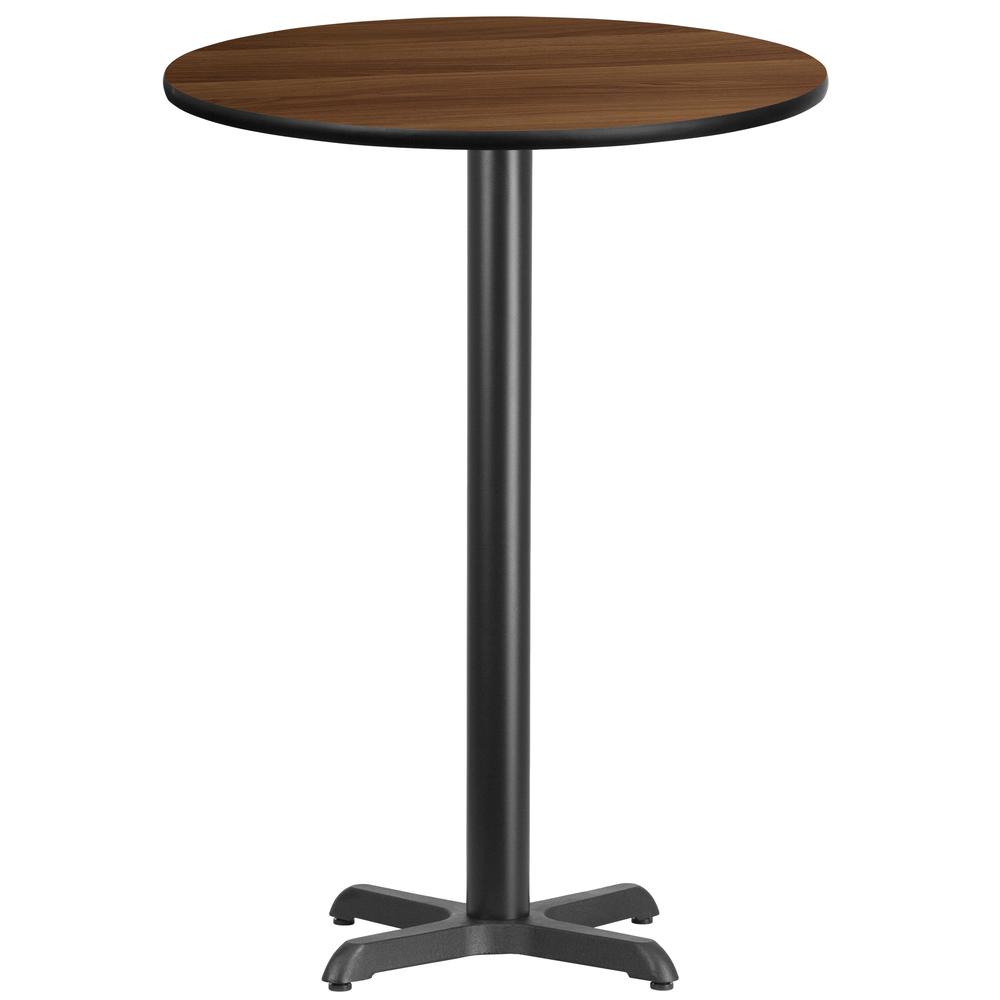 30'' Round Walnut Laminate Table Top with 22'' x 22'' Bar Height Table Base. The main picture.