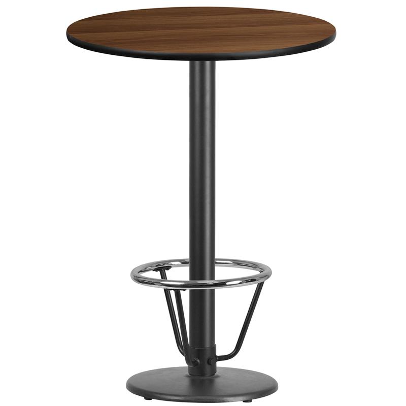 30'' Round Walnut Table Top with 18'' Round Bar Height Table Base and Foot Ring. Picture 1