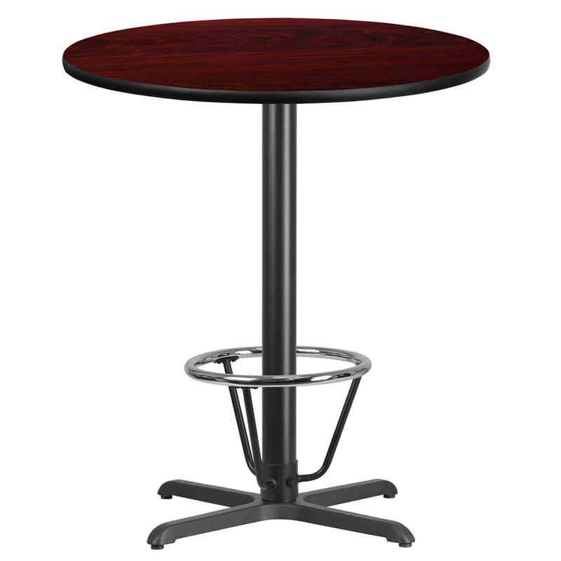 36'' Round Mahogany Laminate Table Top with 30'' x 30'' Bar Height Table Base and Foot Ring. Picture 1