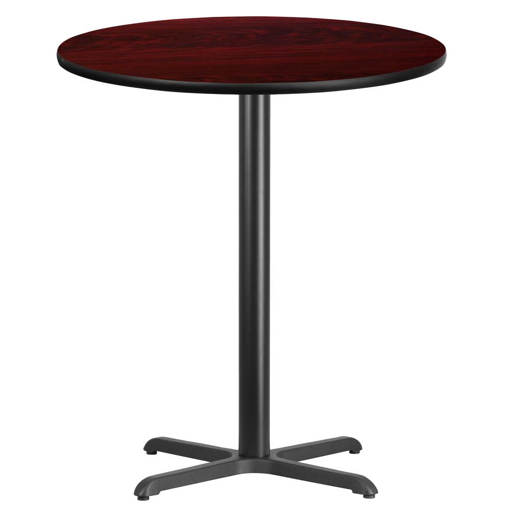 36'' Round Mahogany Laminate Table Top with 30'' x 30'' Bar Height Table Base. Picture 1