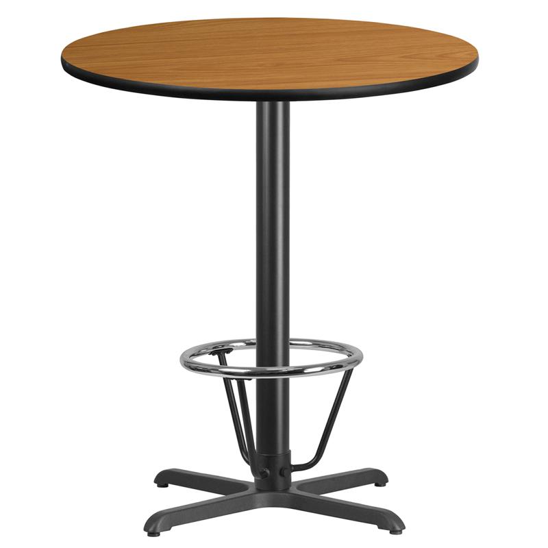 36'' Round Natural Laminate Table Top with 30'' x 30'' Bar Height Table Base and Foot Ring. Picture 1