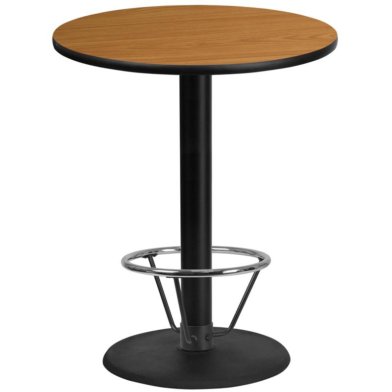 36'' Round Natural Laminate Table Top with 24'' Round Bar Height Table Base and Foot Ring. Picture 1