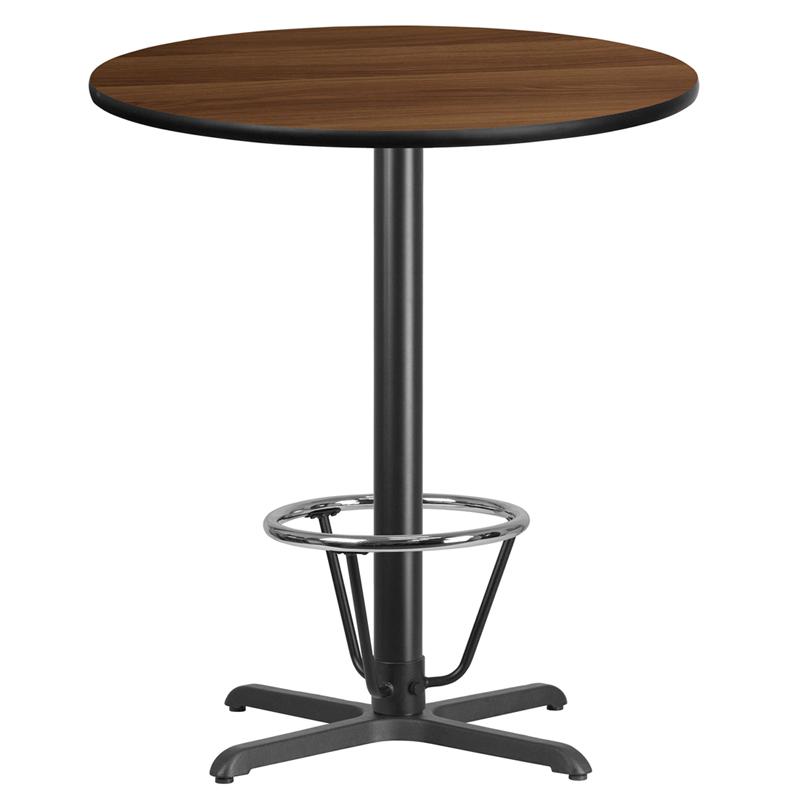 36'' Round Walnut Table Top with 30''x30'' Bar Height Table Base and Foot Ring. Picture 1