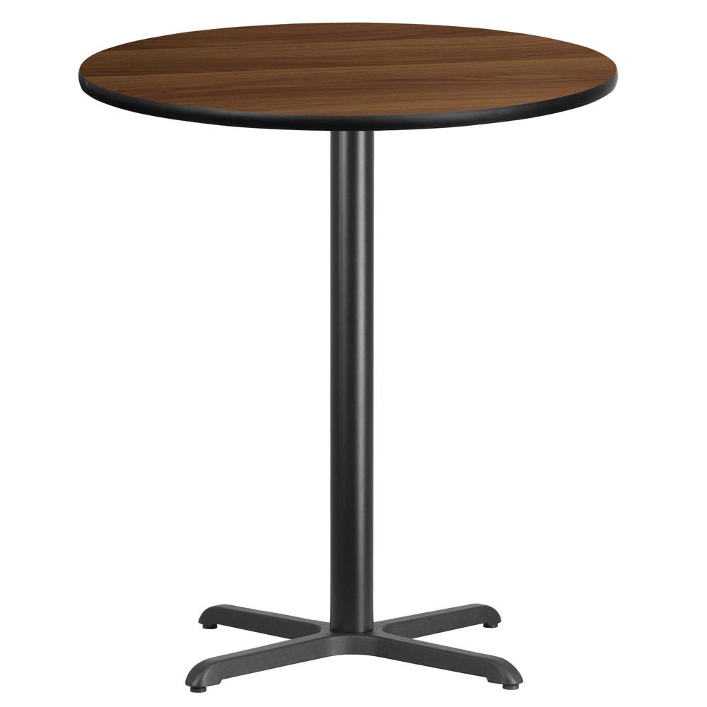 36'' Round Walnut Laminate Table Top with 30'' x 30'' Bar Height Table Base. Picture 1