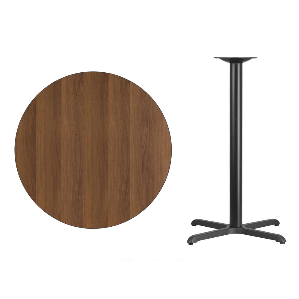 36'' Round Walnut Laminate Table Top with 30'' x 30'' Bar Height Table Base. Picture 2