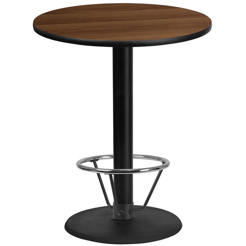 36'' Round Walnut Laminate Table Top with 24'' Round Bar Height Table Base and Foot Ring. Picture 1