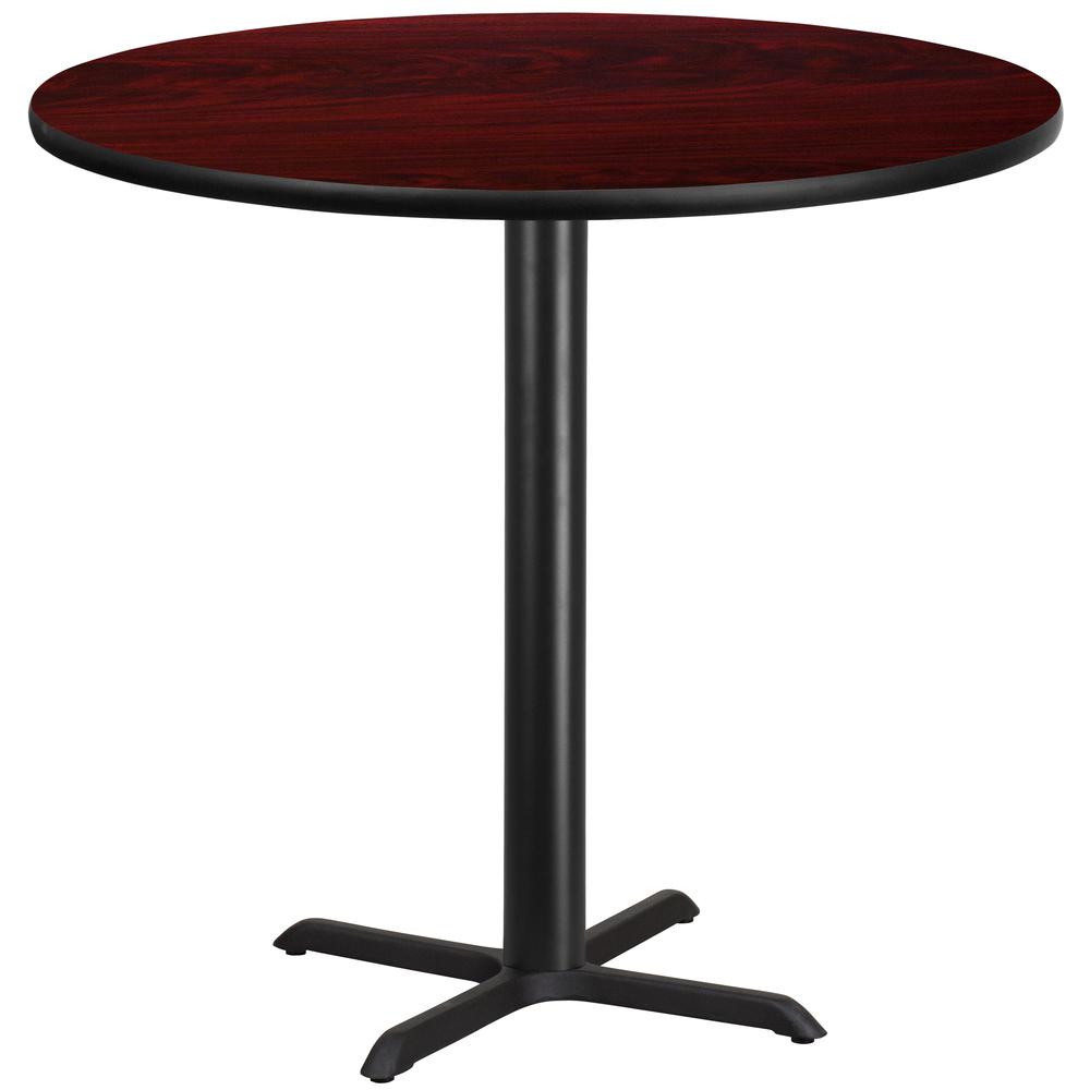 42'' Round Mahogany Laminate Table Top with 33'' x 33'' Bar Height Table Base. Picture 1