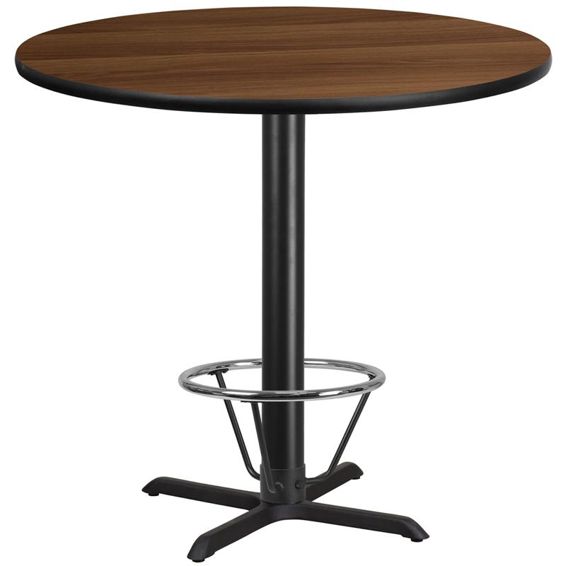 42'' Round Walnut Table Top with 33'' x 33'' Bar Height Table Base and Foot Ring. Picture 1