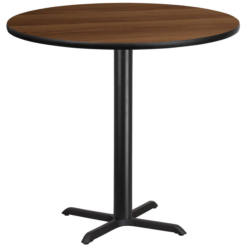 42'' Round Walnut Laminate Table Top with 33'' x 33'' Bar Height Table Base. Picture 1