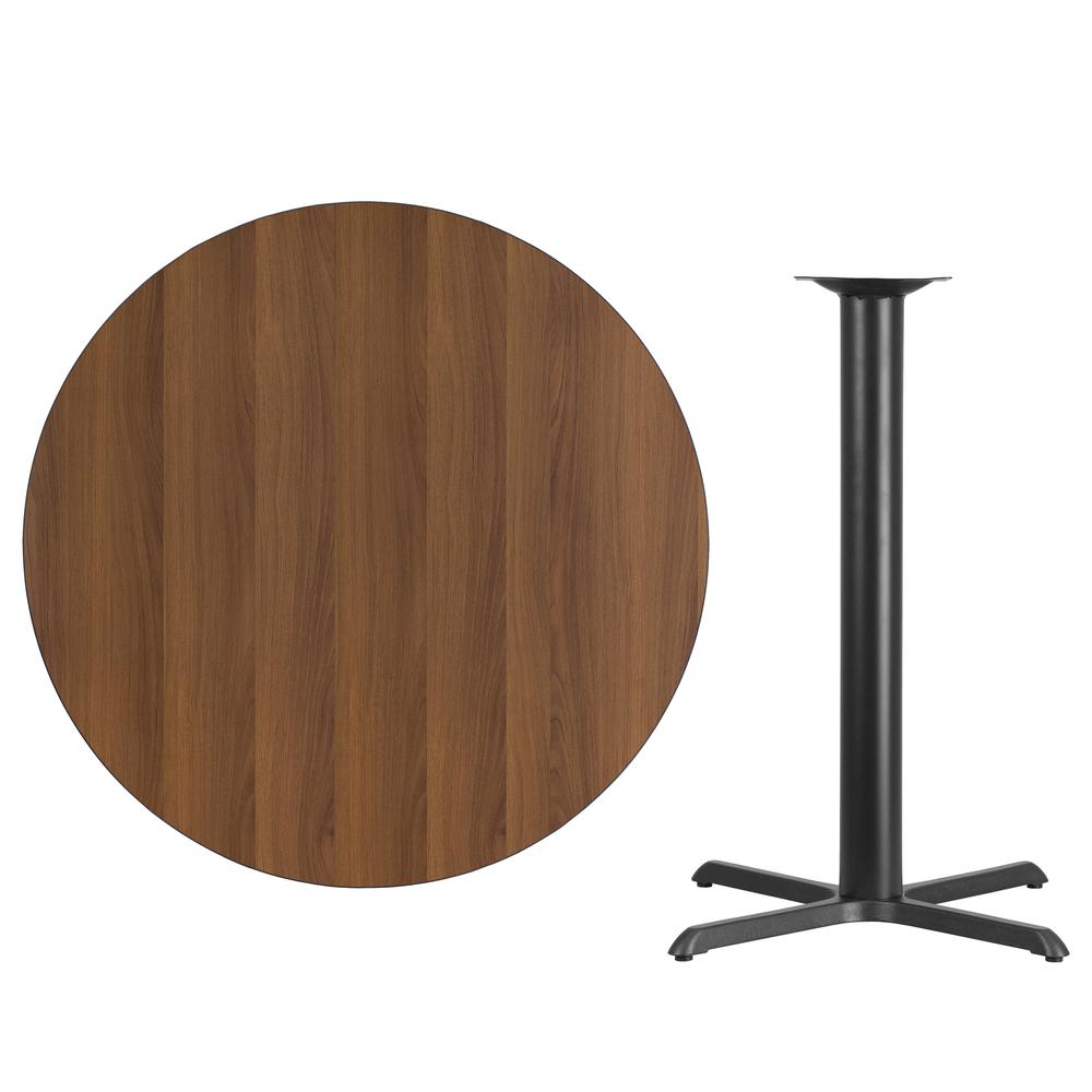 42'' Round Walnut Laminate Table Top with 33'' x 33'' Bar Height Table Base. Picture 2