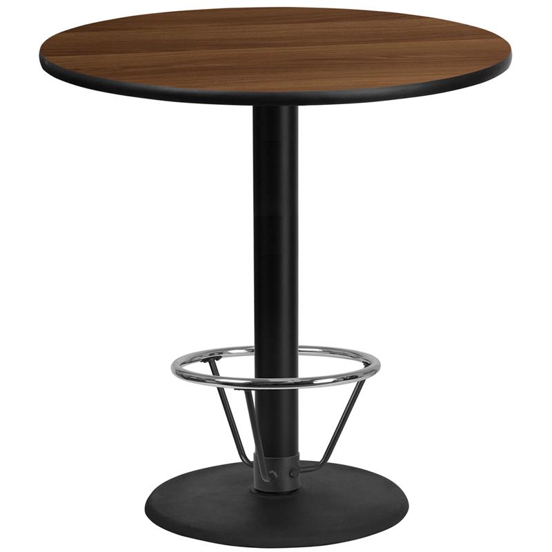 42'' Round Walnut Table Top with 24'' Round Bar Height Table Base and Foot Ring. Picture 1